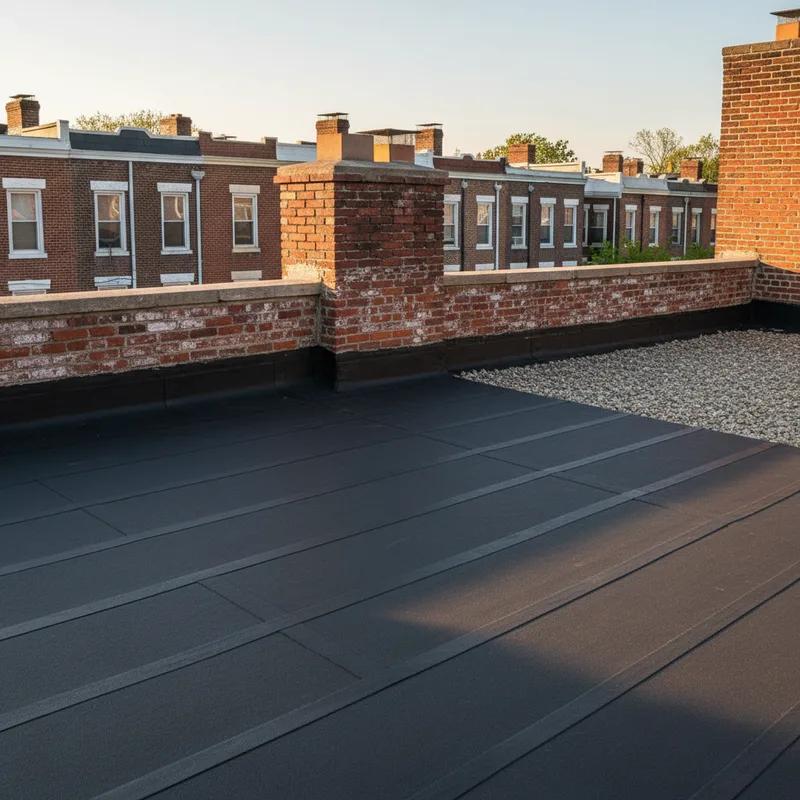 Close-up of black EPDM rubber roofing membrane on a Philadelphia rowhouse flat roof with parapet walls and a rooftop HVAC unit visible