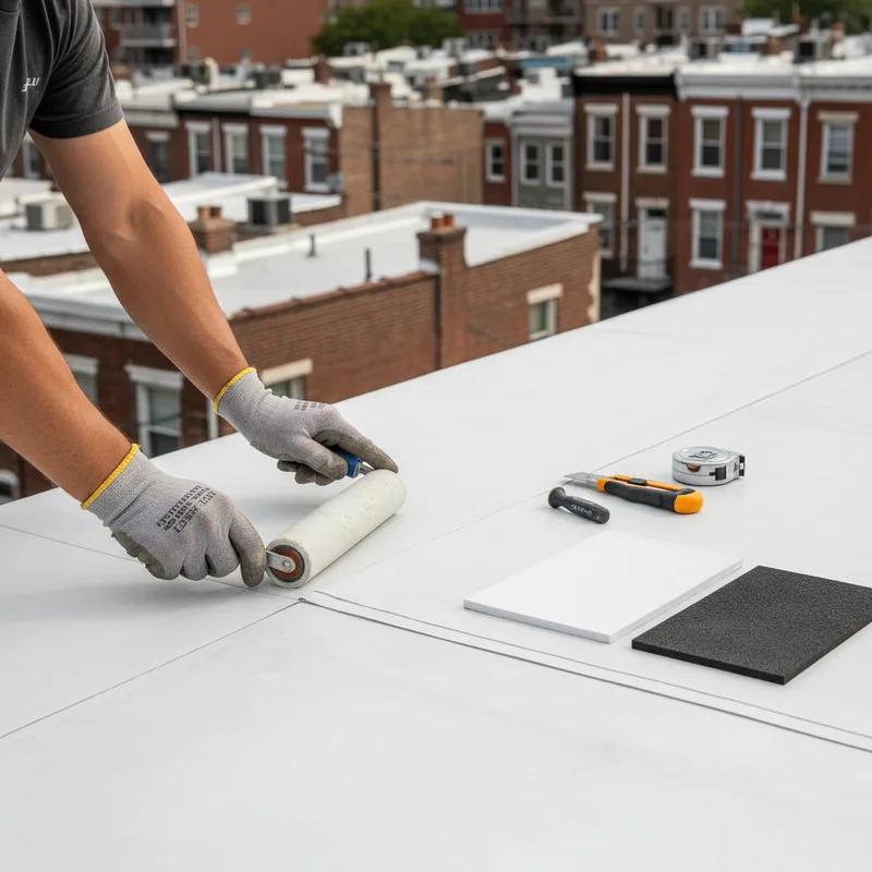 Philadelphia roofing contractor reviewing a flat roof replacement estimate with a homeowner on a rowhouse rooftop in West Philadelphia