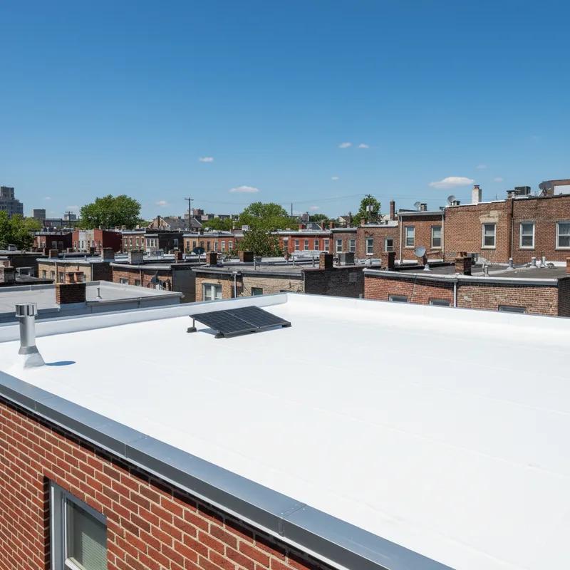 Side-by-side comparison of a white TPO roof and a black EPDM roof on adjacent Philadelphia commercial buildings showing the visual contrast in solar reflectance