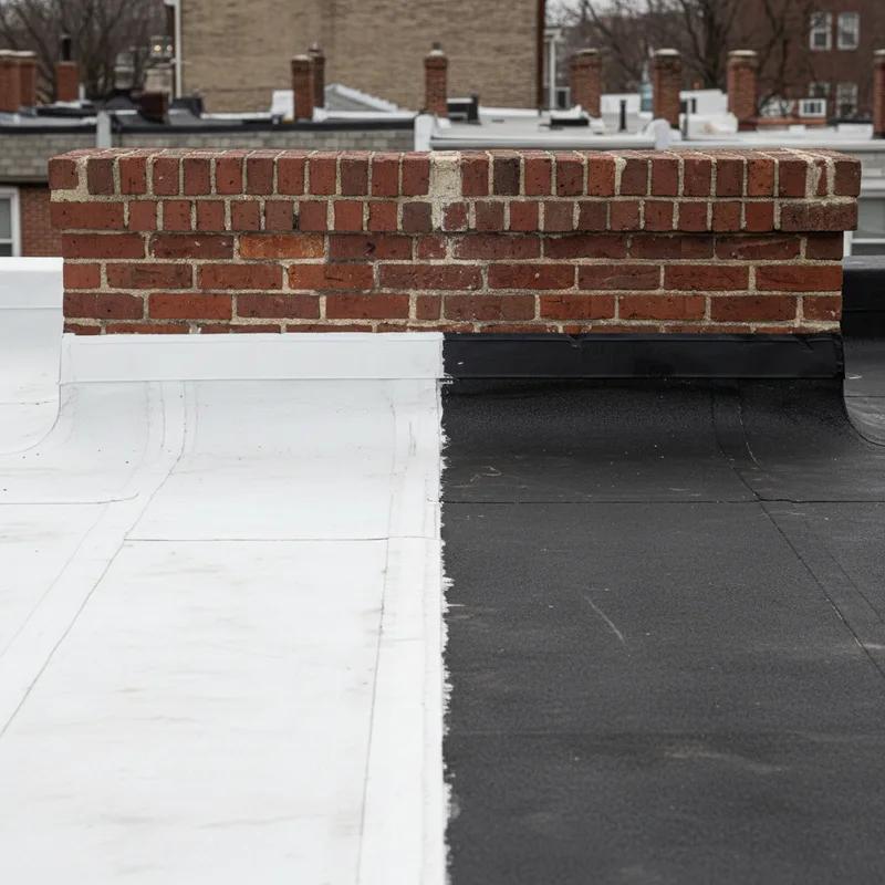 Philadelphia homeowner inspecting a newly completed flat roof membrane installation on their rowhouse with a roofing contractor pointing out key details of the finished system