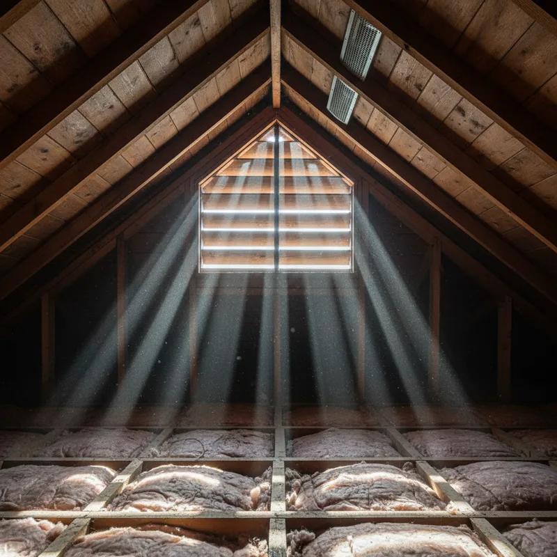 Cross-section diagram showing airflow through a row home attic with arrows indicating cool air entering through soffit vents and warm air exiting through a ridge vent