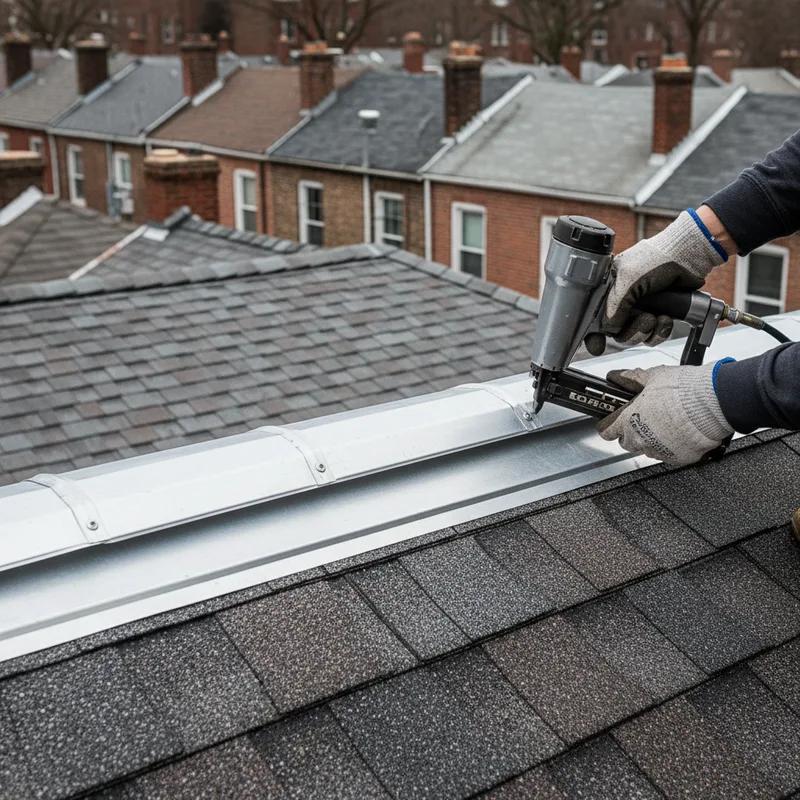 A Philadelphia roofing contractor installing a continuous ridge vent along the peak of a row home roof on a clear day, with the city skyline visible in the background