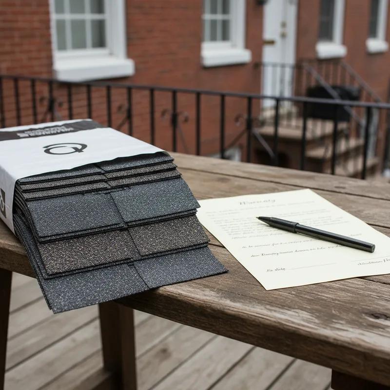 Philadelphia homeowner reviewing two separate roofing warranty documents at a kitchen table, with a row home visible through the window