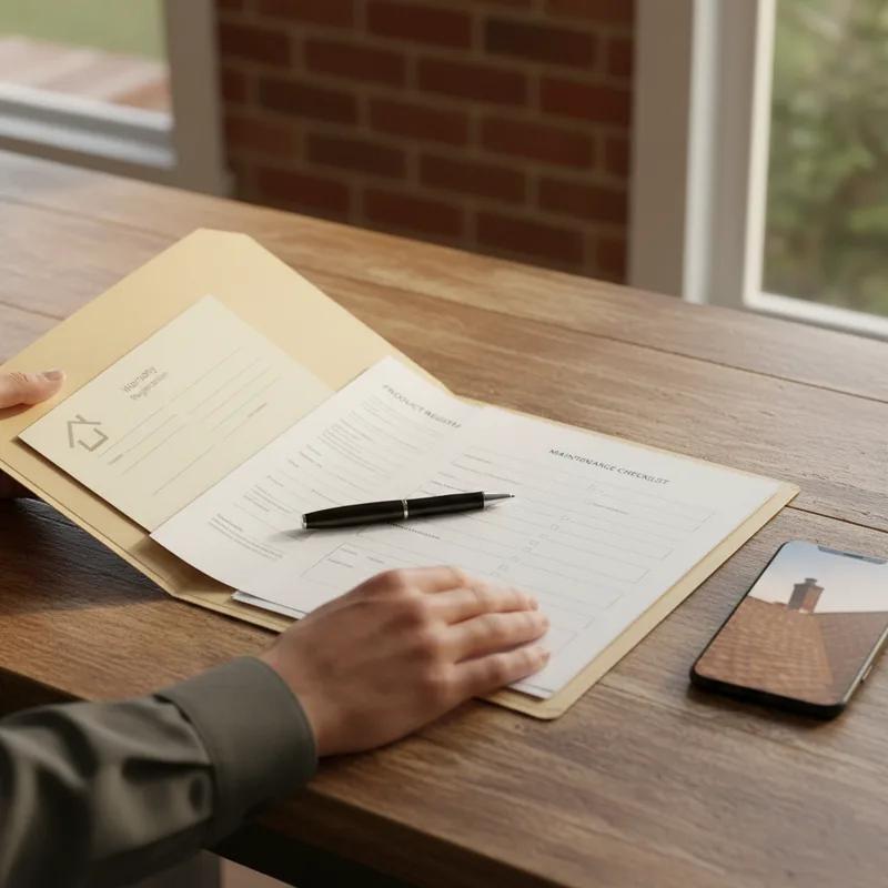 Philadelphia homeowner photographing a newly installed flat roof on a rowhouse for warranty documentation purposes, with city skyline in background