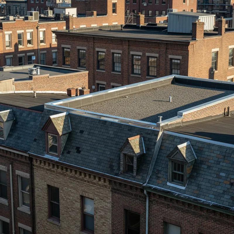 Aerial view of Philadelphia row home rooftops in South Philadelphia showing a mix of flat roofs and pitched roofs in a dense urban neighborhood