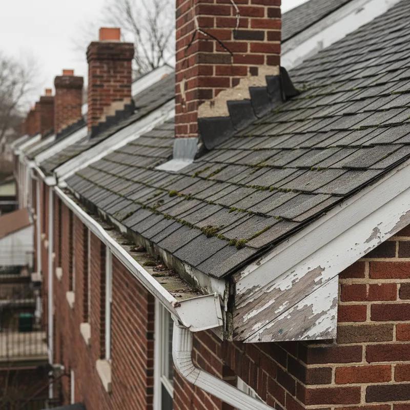 Philadelphia row homes with flat roofs viewed from above on a clear day, showing the dense urban roofscape of a South Philadelphia neighborhood