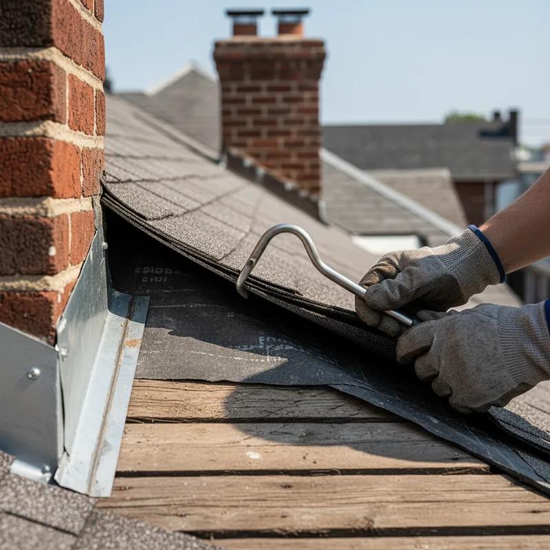 A licensed roof inspector in a safety harness examining flashing around a brick chimney on a Philadelphia row home roof