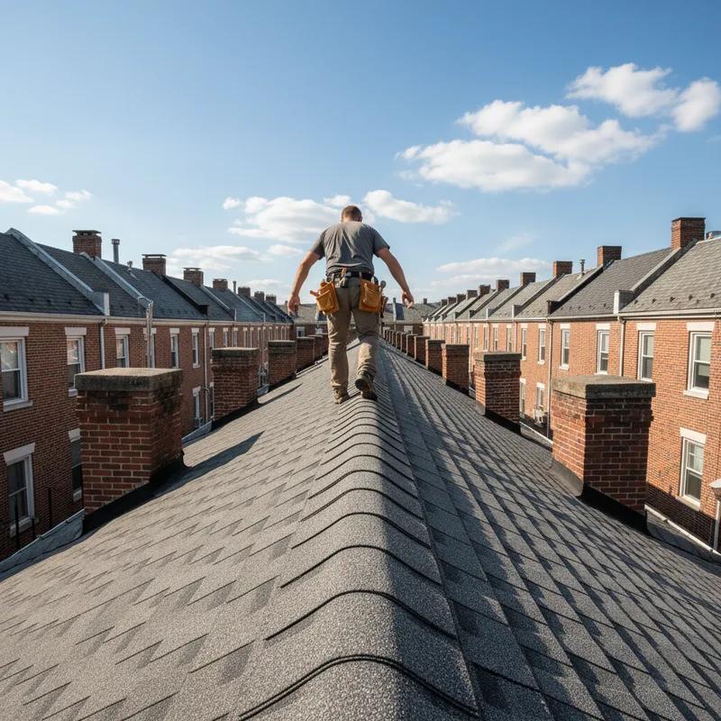 A roofing professional using a tablet and moisture meter to document findings during a roof inspection on a Philadelphia home