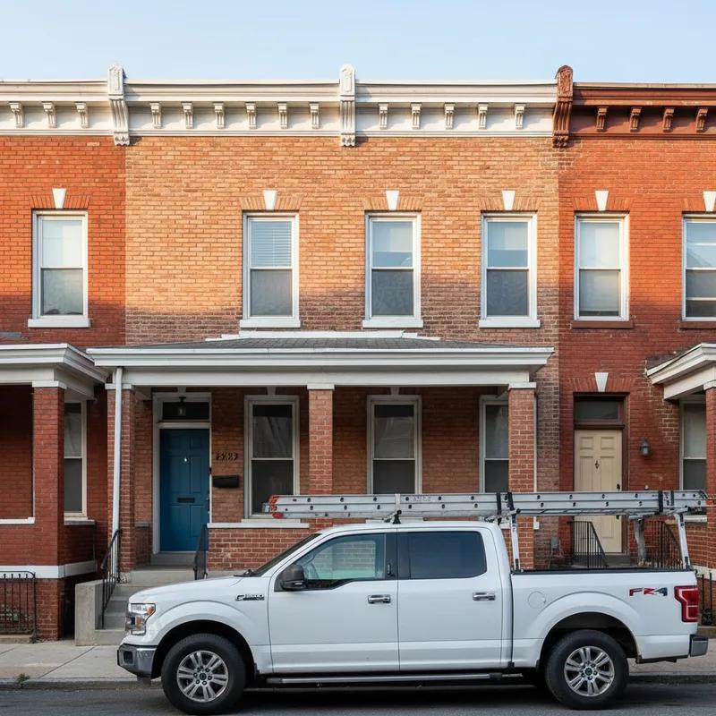 A certified roof inspector in a branded polo shirt reviewing credentials and paperwork with a Philadelphia homeowner on a front stoop