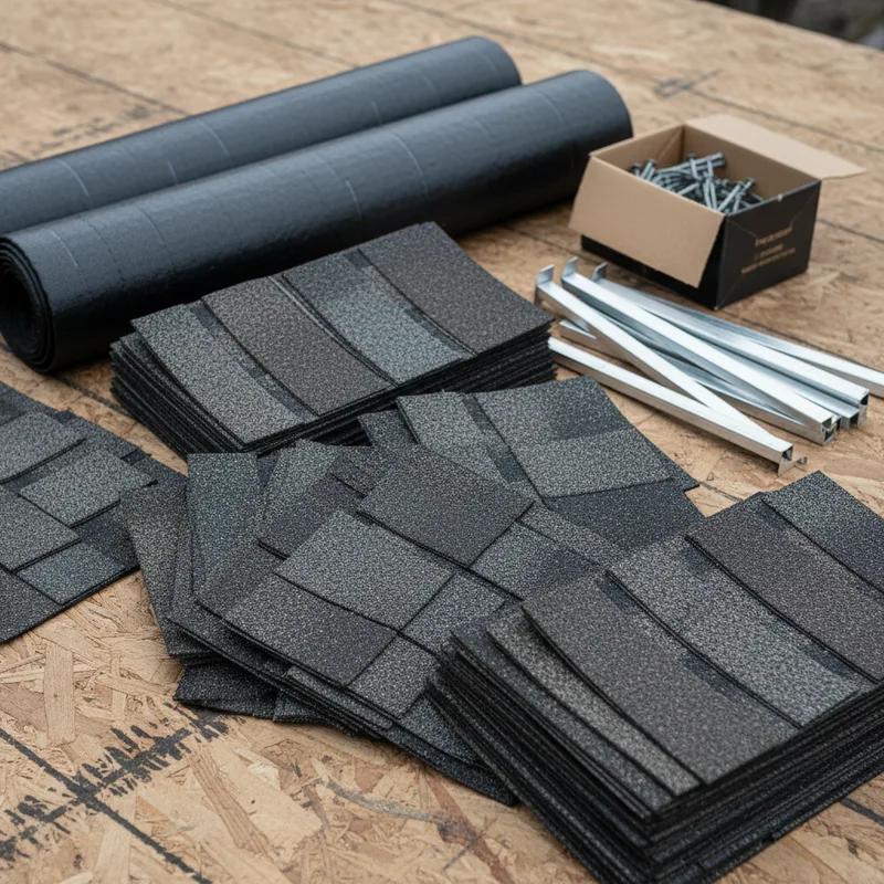 Pallets of asphalt shingles and roofing materials stacked outside a Philadelphia roofing supply warehouse, with a contractor reviewing an order