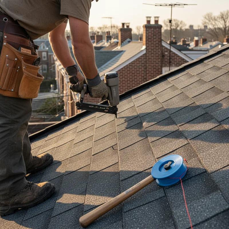 A crew of roofing workers installing shingles on a Philadelphia row home rooftop, with ladders and safety equipment visible on a narrow city block