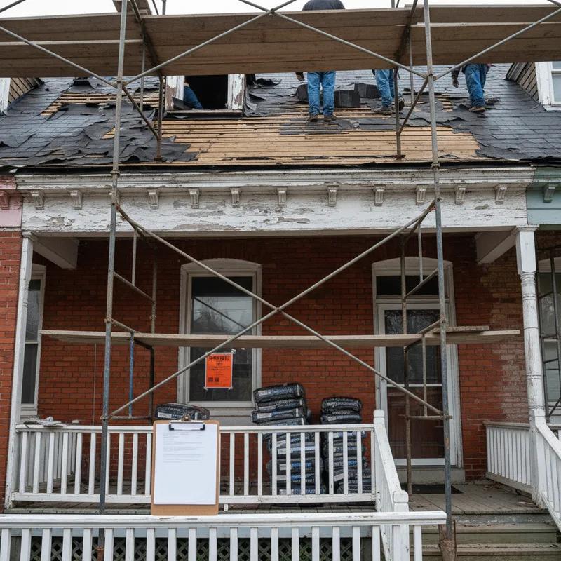 A Philadelphia L&I permit notice posted on the door of a brick row home undergoing roof replacement work in a dense urban neighborhood