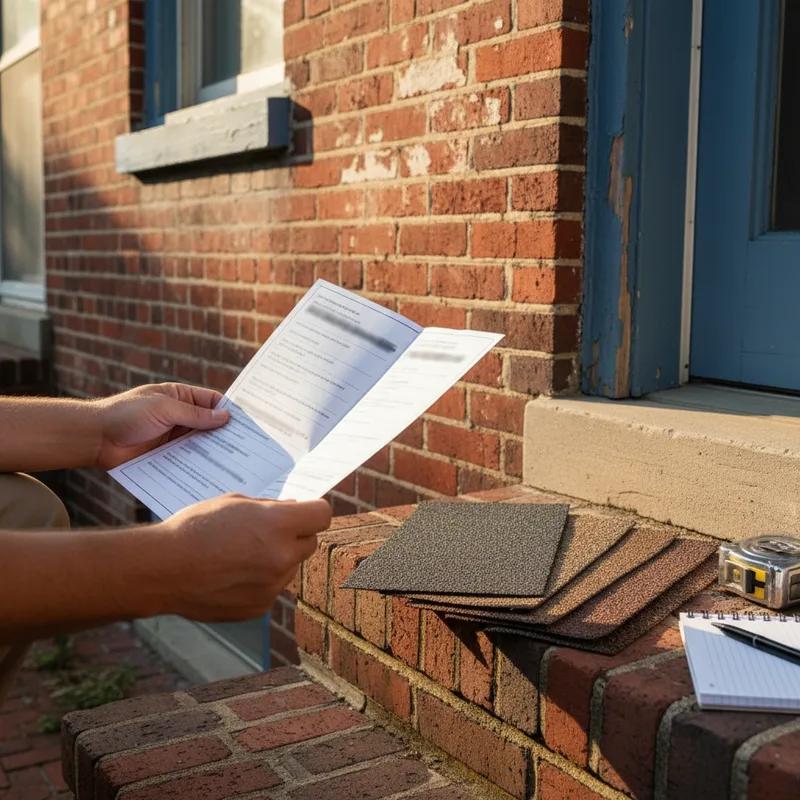 A Philadelphia homeowner comparing three printed roofing estimates side by side at a dining room table in a row home, with a laptop open to a contractor review site