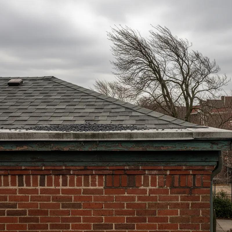 Aerial view of dense Philadelphia row homes in South Philadelphia with dark storm clouds approaching from the southwest, illustrating wind exposure risk