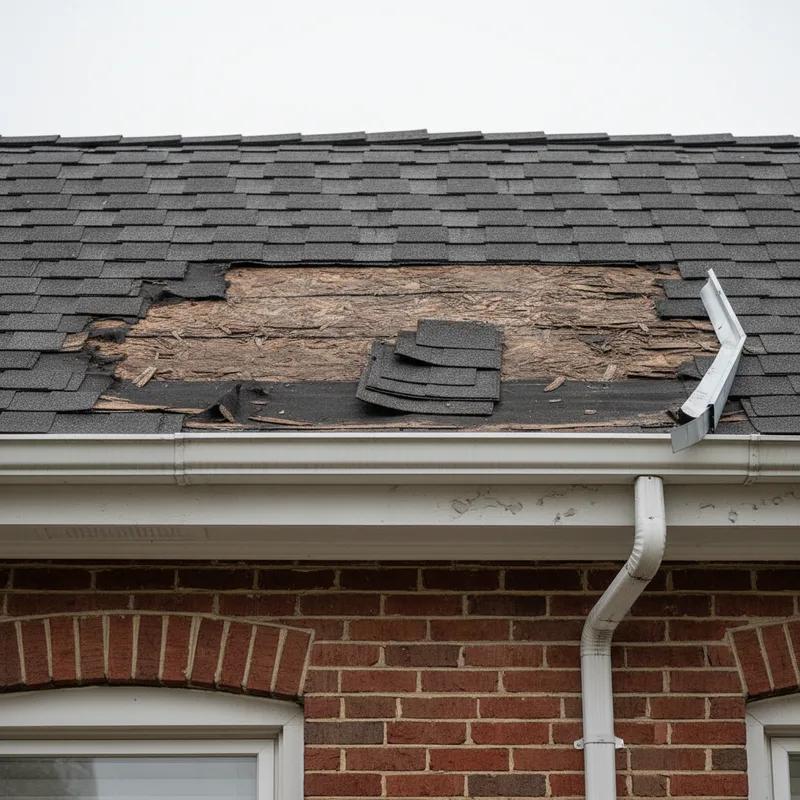 Close-up of lifted and cracked asphalt shingles on a Philadelphia row home roof after a nor'easter wind storm, showing exposed underlayment beneath