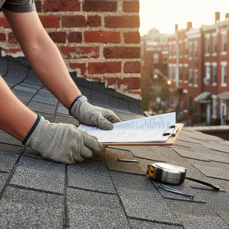 Philadelphia Department of Licenses and Inspections building exterior with a contractor reviewing roofing permit documents on a clipboard