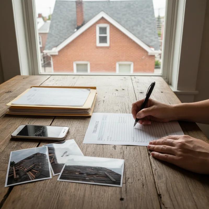 Philadelphia homeowner photographing wind-damaged roof shingles with a smartphone while a roofing contractor documents damage on a clipboard for an insurance claim